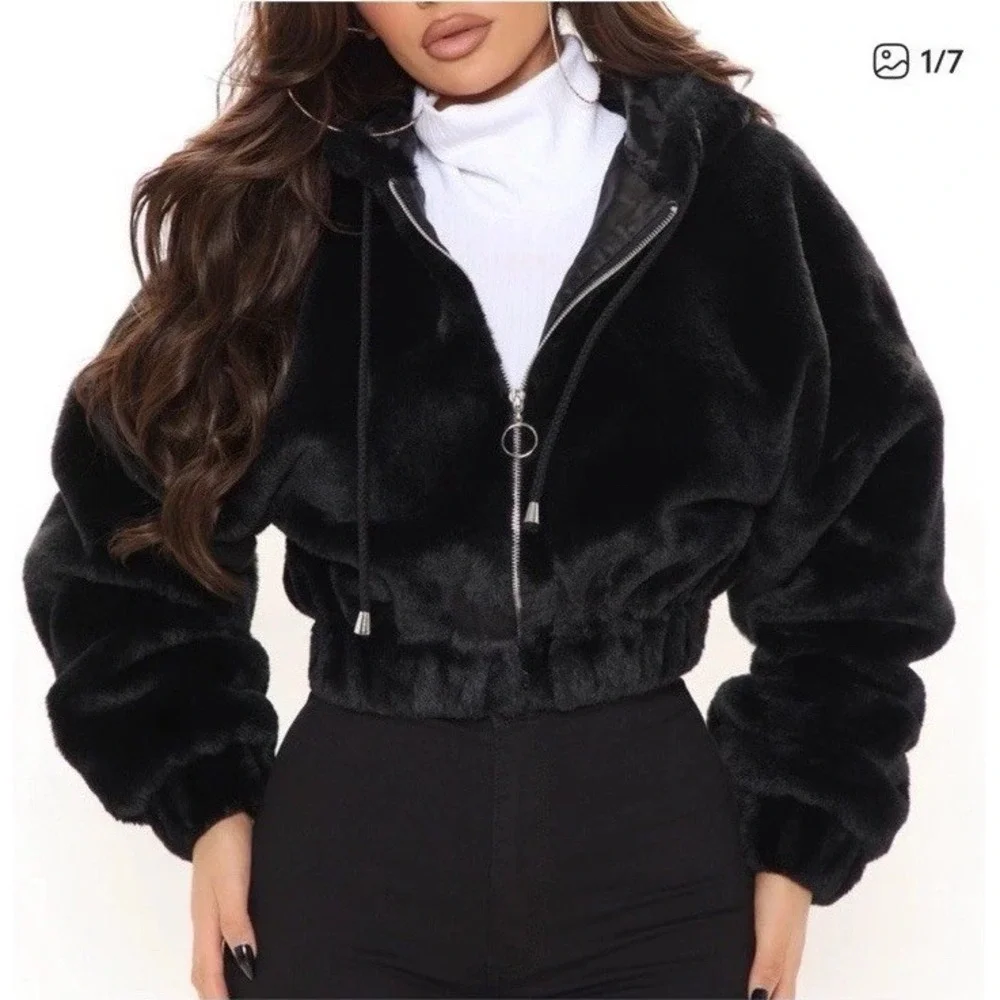Fashion Nova‎ Womens Faux Fur Velvet Oversized Bomber Zip Jacket Black Medium